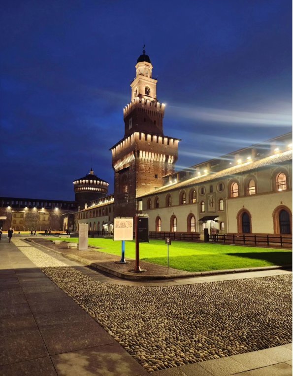 Castello Sforzesco illuminated at night, Milan