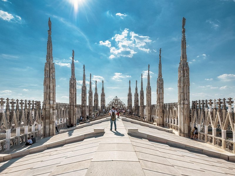 The marble terraces of the Duomo di Milano among the spires