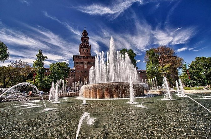 The Filarete Tower above the fountain on Piazza Castello, the castle's city gate